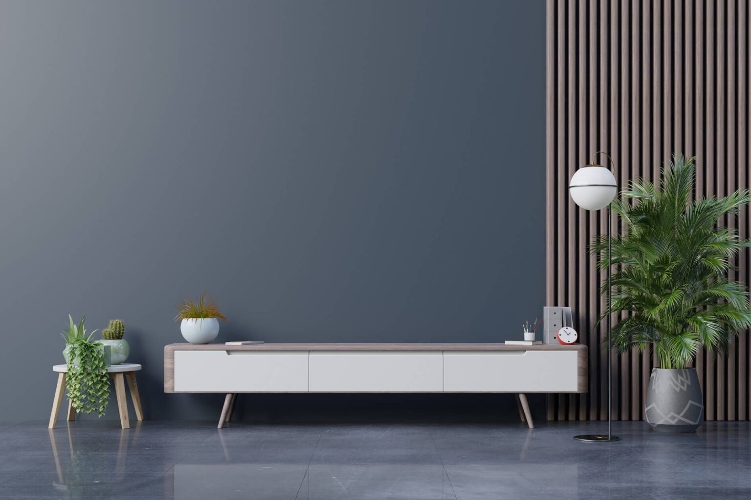 Floating cabinet unit against a slatted timber wall