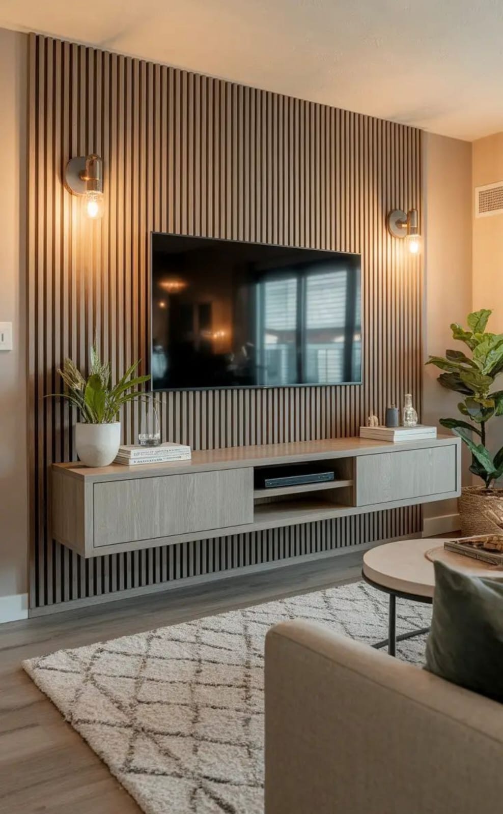Contemporary elegance meets natural warmth in this beautifully crafted statement TV wall.