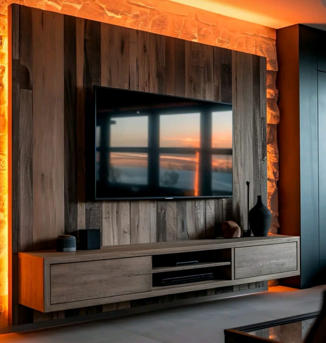 It’s a modern rustic living room/media wall with a warm, cozy atmosphere.
