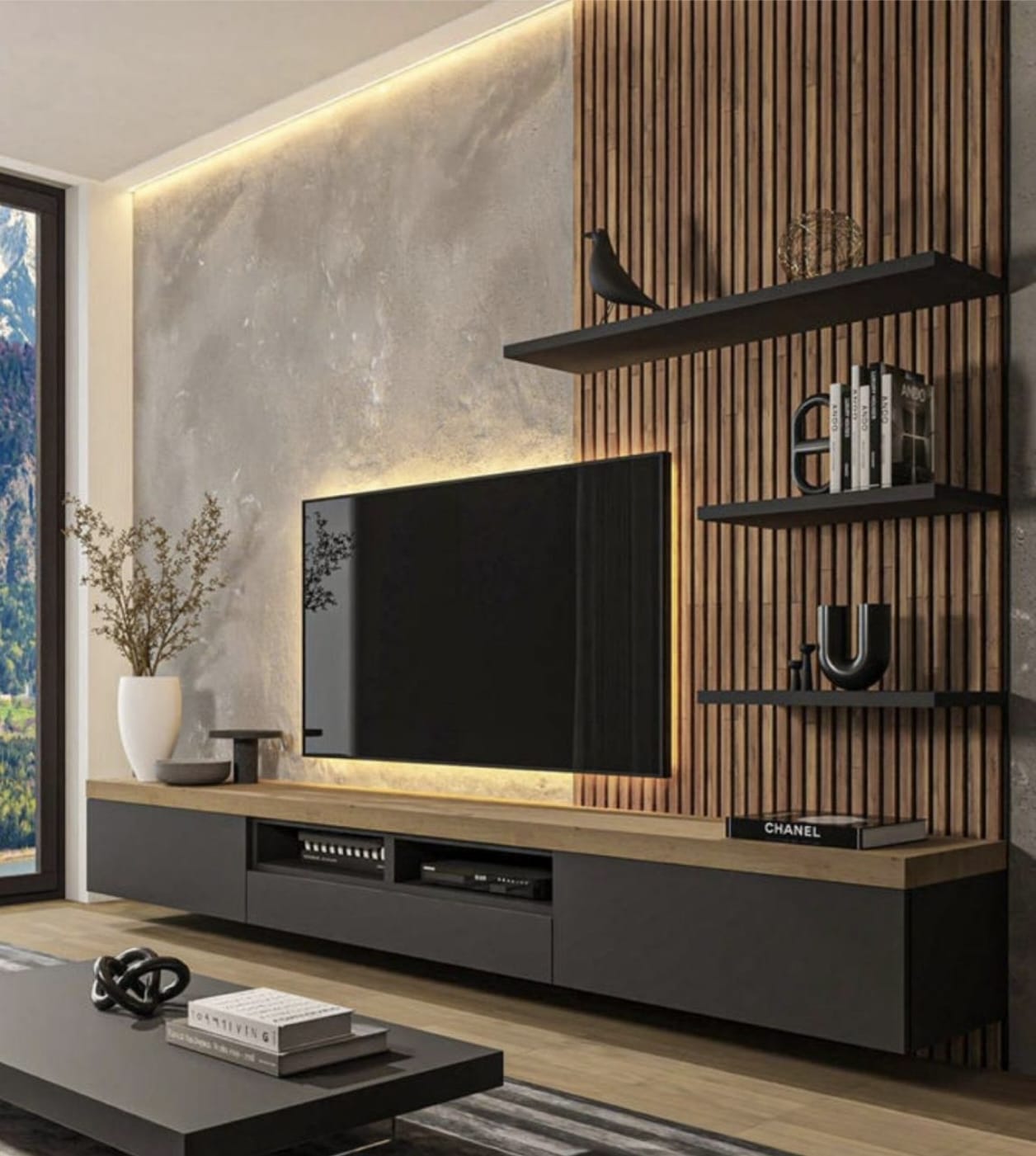 A sleek fusion of warm wood, bold black accents, and ambient lighting—modern luxury with a timeless edge.